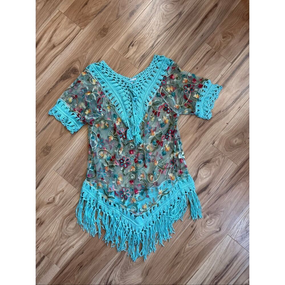 Asha Womens Multicolor Floral Embroidered Sheer Crochet Fringe Cover Up One Size